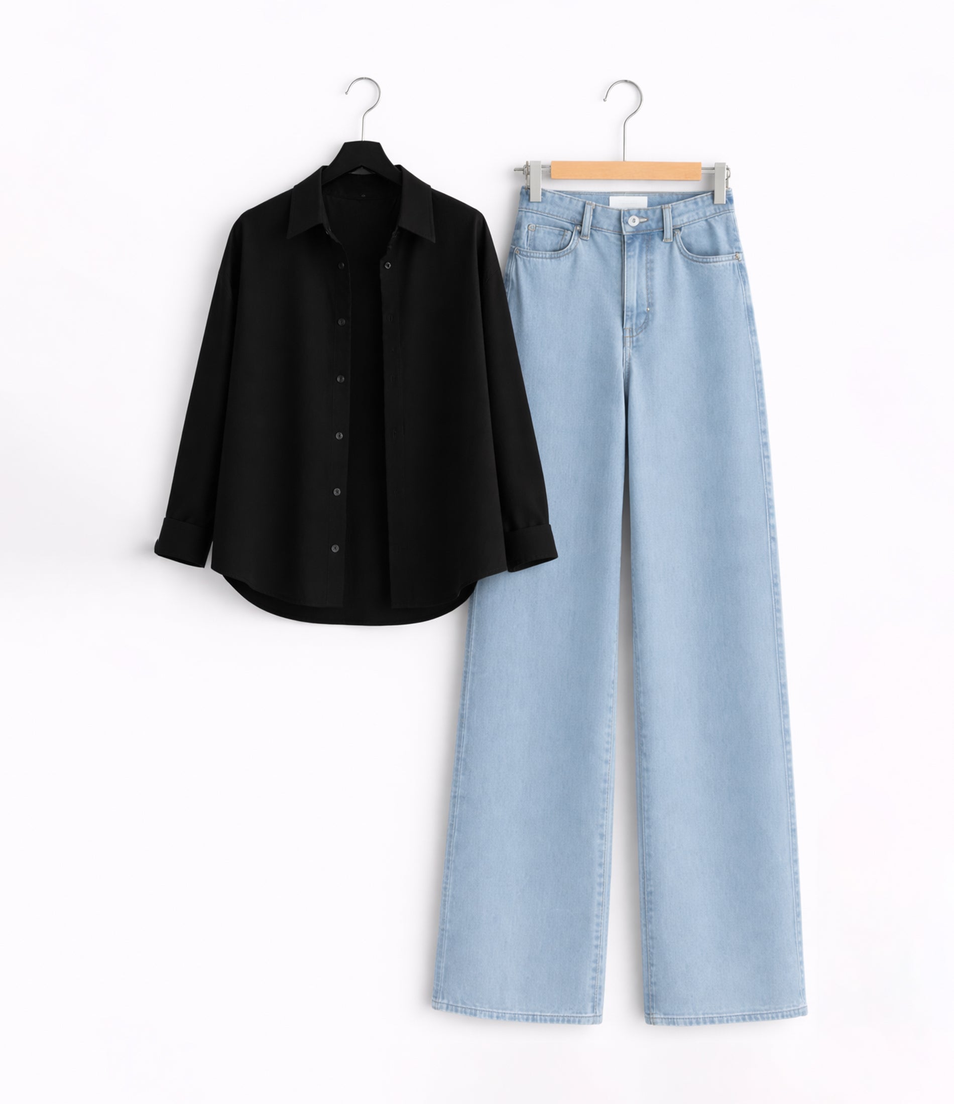Black Button Down With Blue Wide Jeans Cordset