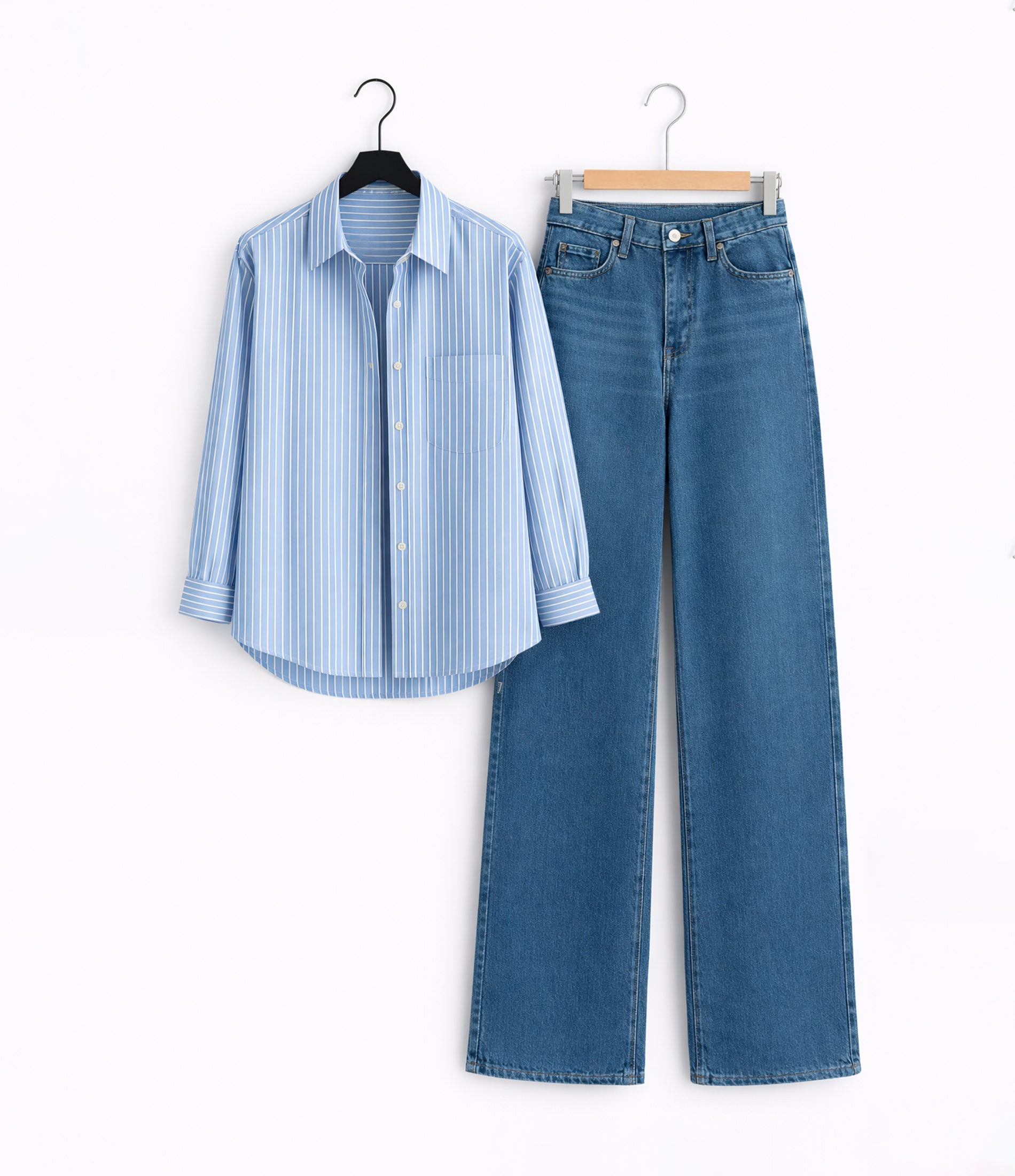 Blue Striped Button Down With Blue Wide Jeans Cordset