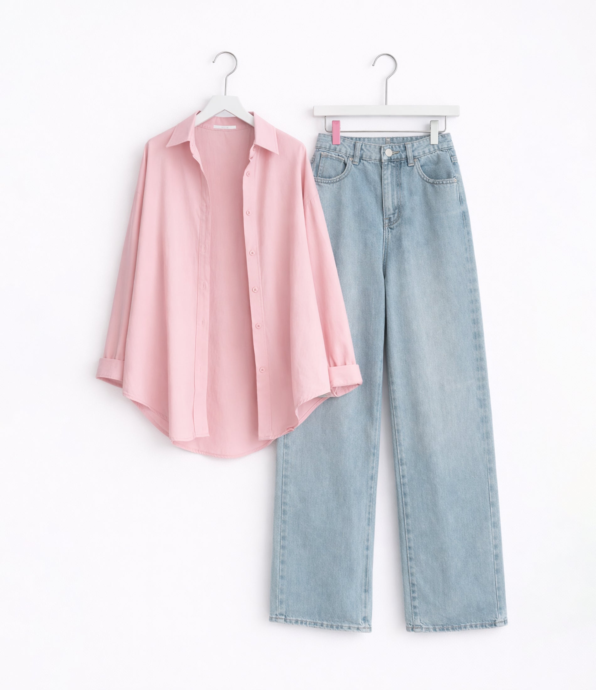 Baby Pink Button Down With Light Grey Wide Jeans Cordset