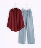 Maroon Button Down With Light Grey Wide Jeans Cordset