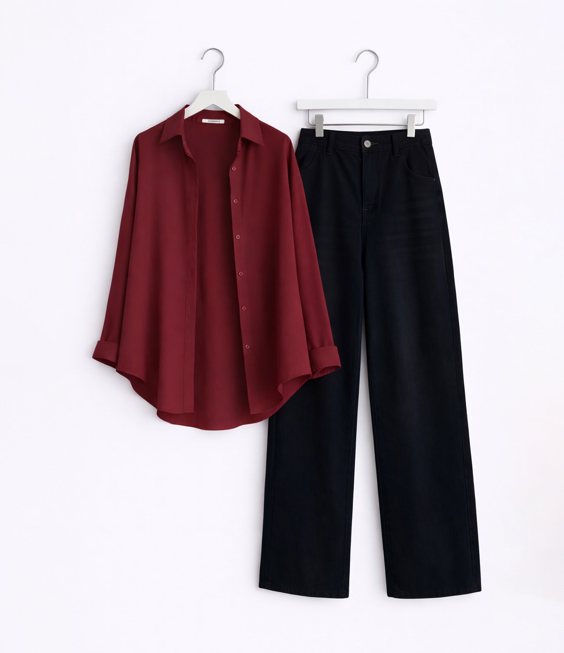 Maroon Button Down With Black Wide Jeans Cordset
