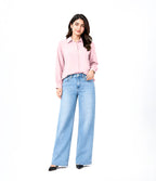Baby Pink Button Down With Sky Blue Wide Jeans Cordset