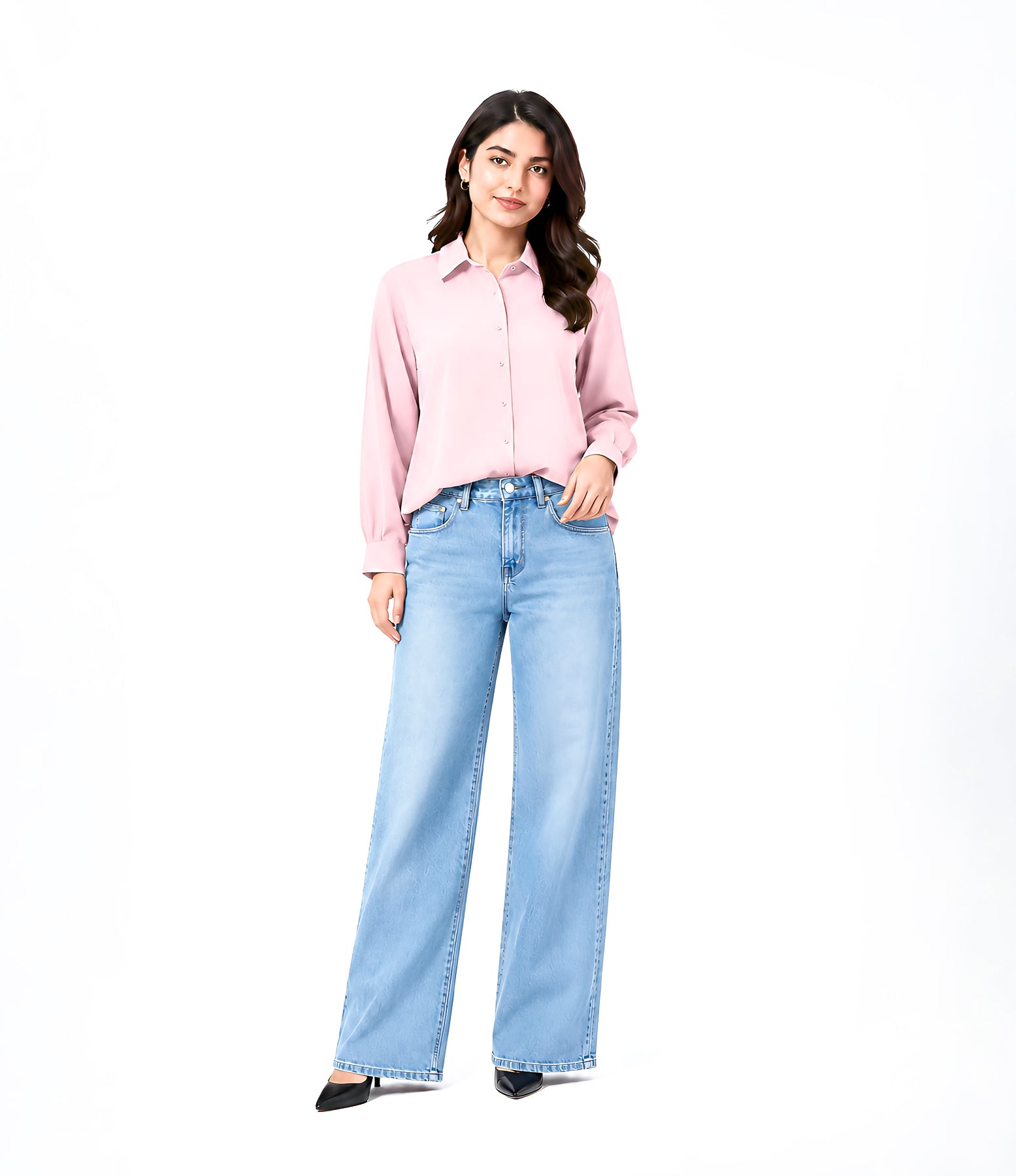 Baby Pink Button Down With Sky Blue Wide Jeans Cordset
