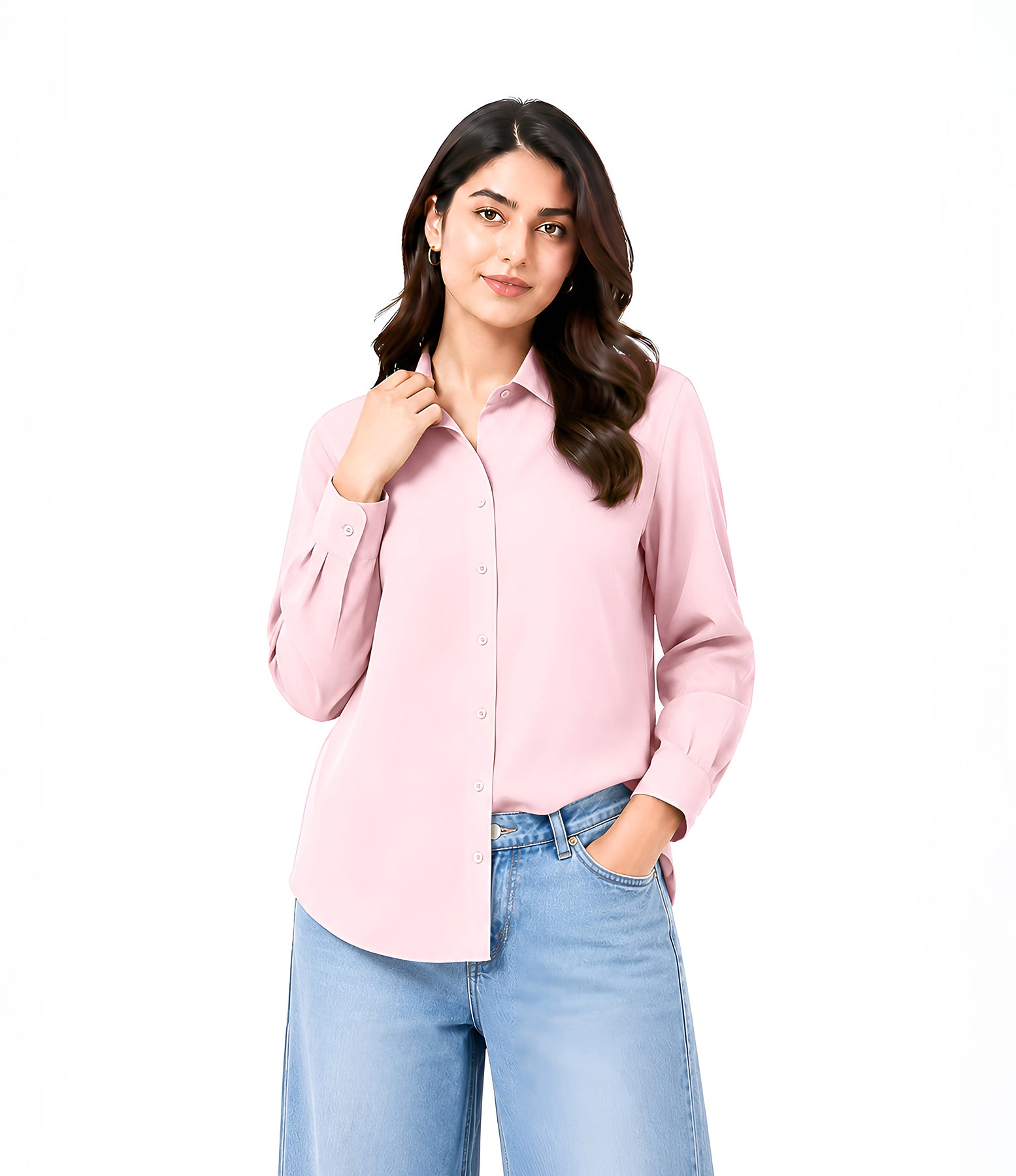 Baby Pink Button Down With Sky Blue Wide Jeans Cordset