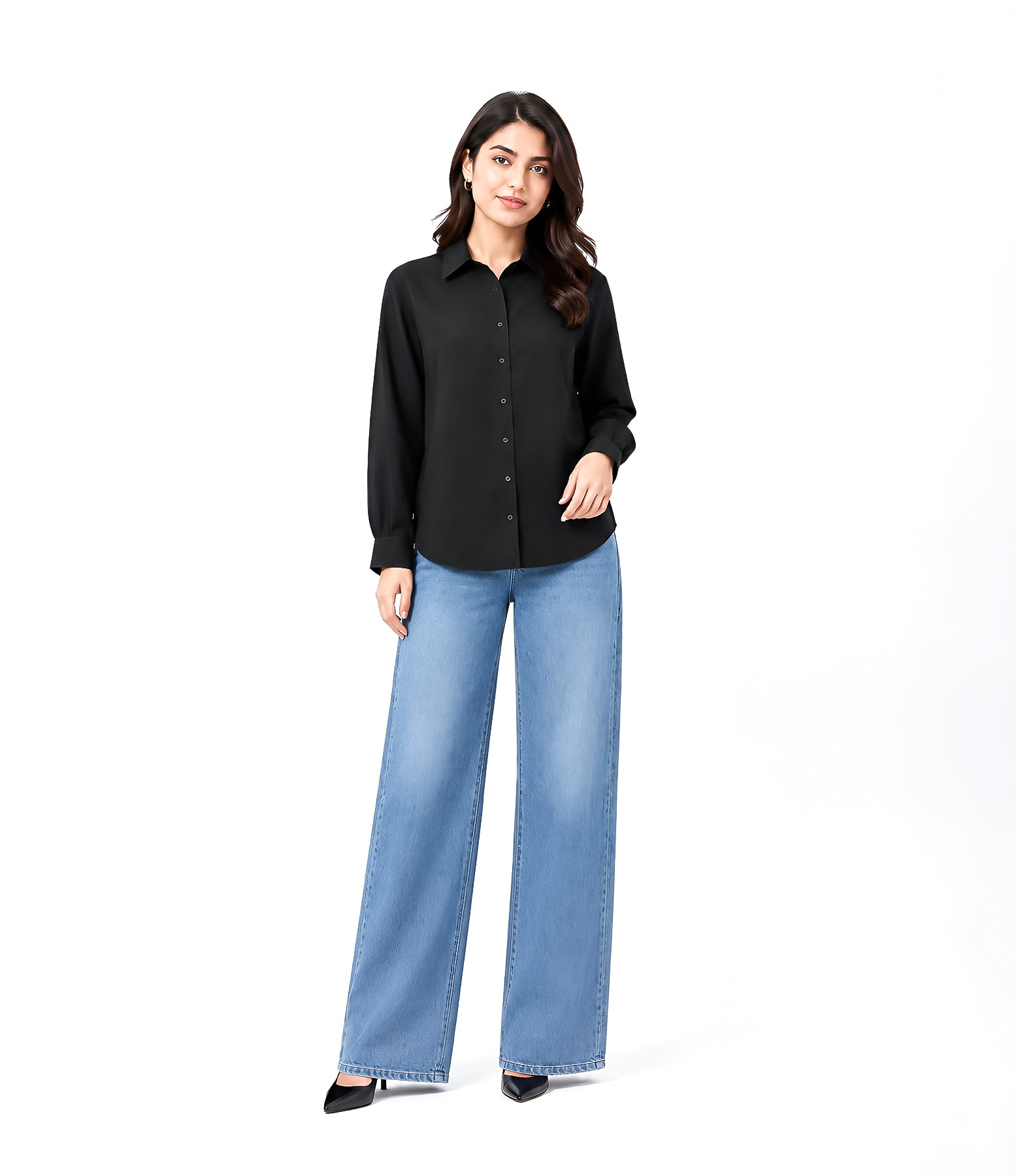 Black Button Down With Blue Wide Jeans Cordset