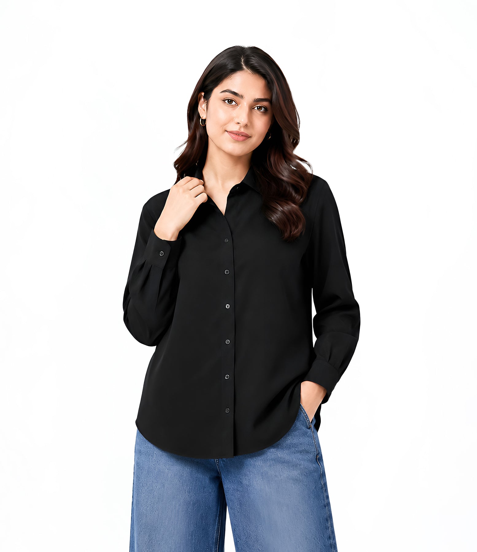 Black Button Down With Blue Wide Jeans Cordset