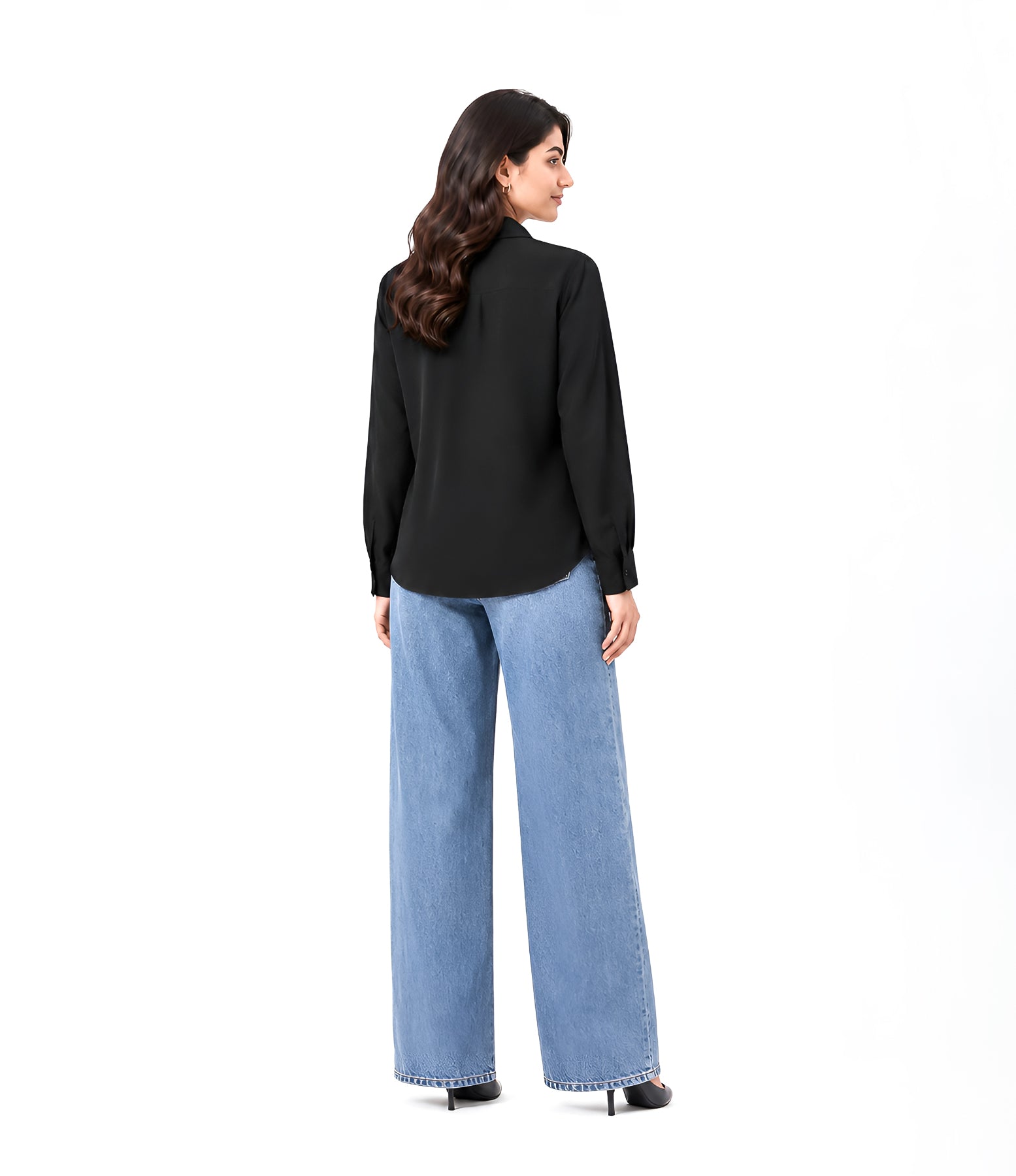 Black Button Down With Blue Wide Jeans Cordset