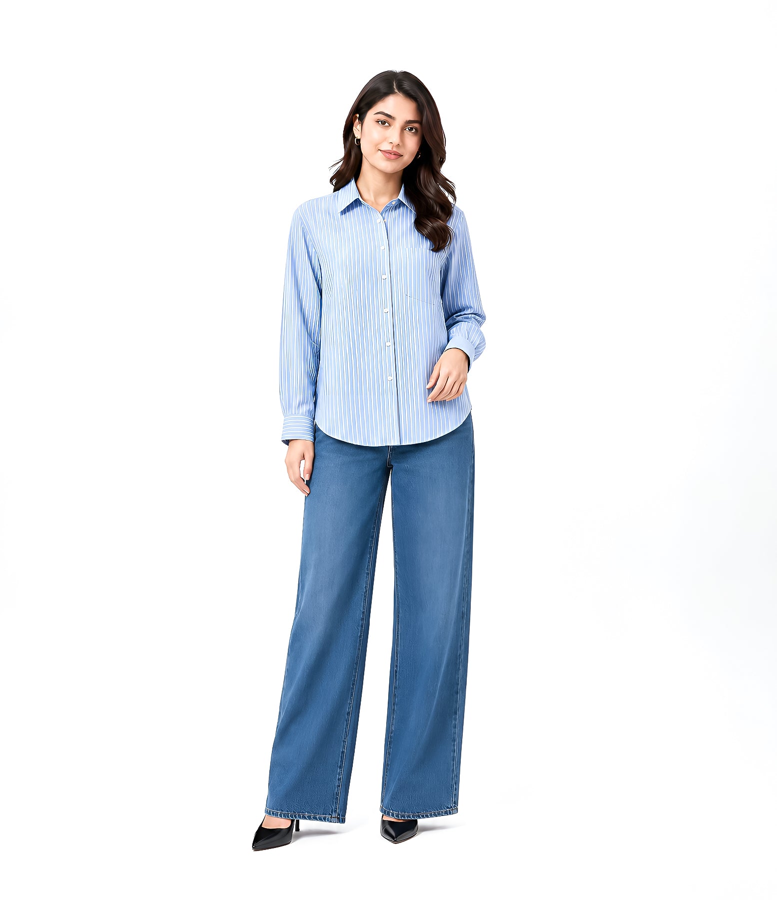 Blue Striped Button Down With Blue Wide Jeans Cordset