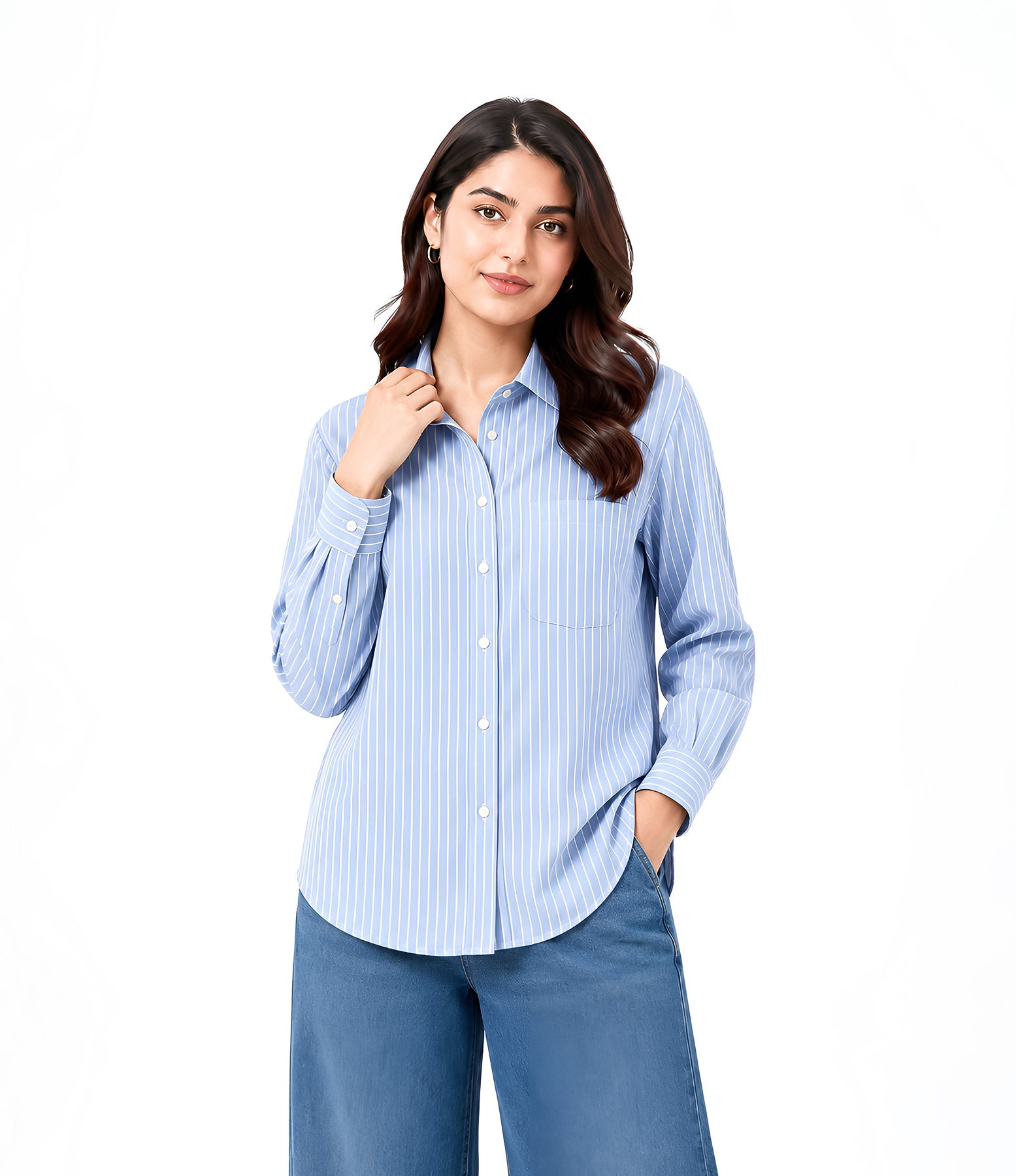Blue Striped Button Down With Blue Wide Jeans Cordset