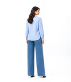 Blue Striped Button Down With Blue Wide Jeans Cordset