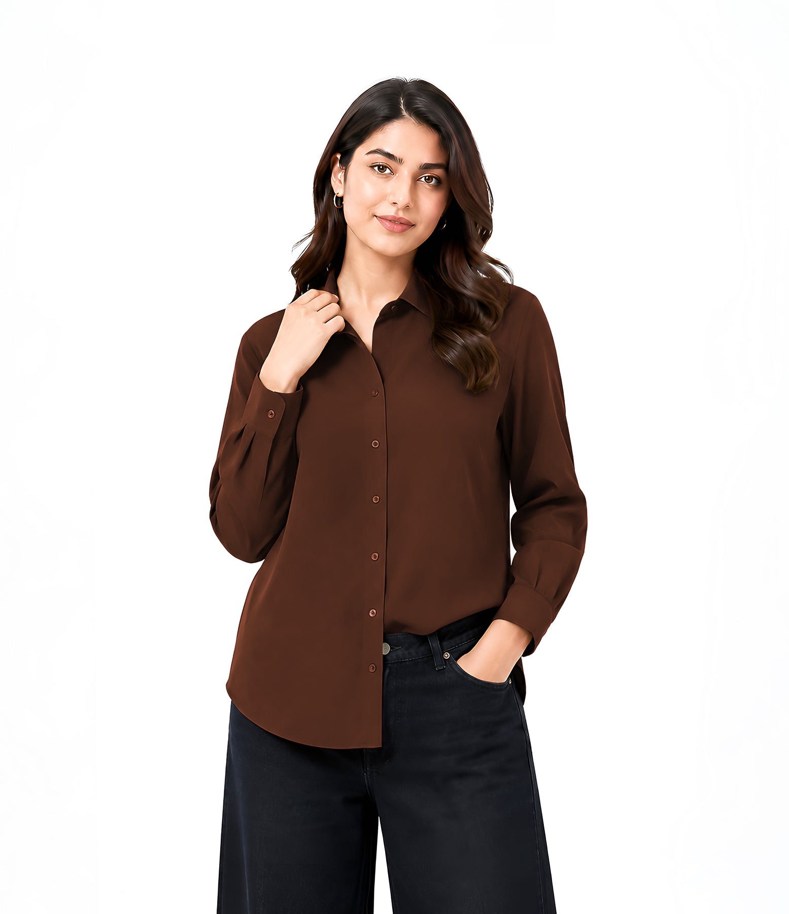 Brown Button Down With Black Wide Jeans Cordset