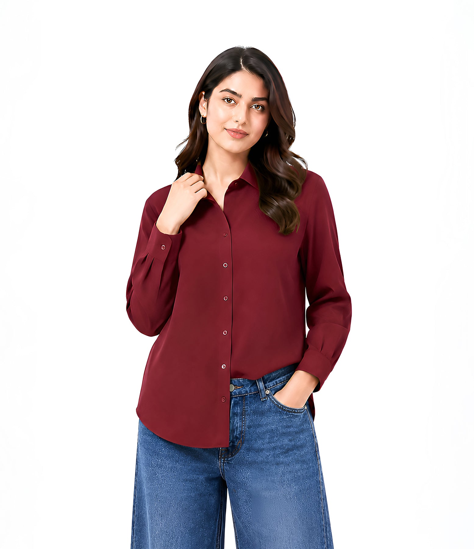 Maroon Button Down With Blue Wide Jeans Cordset