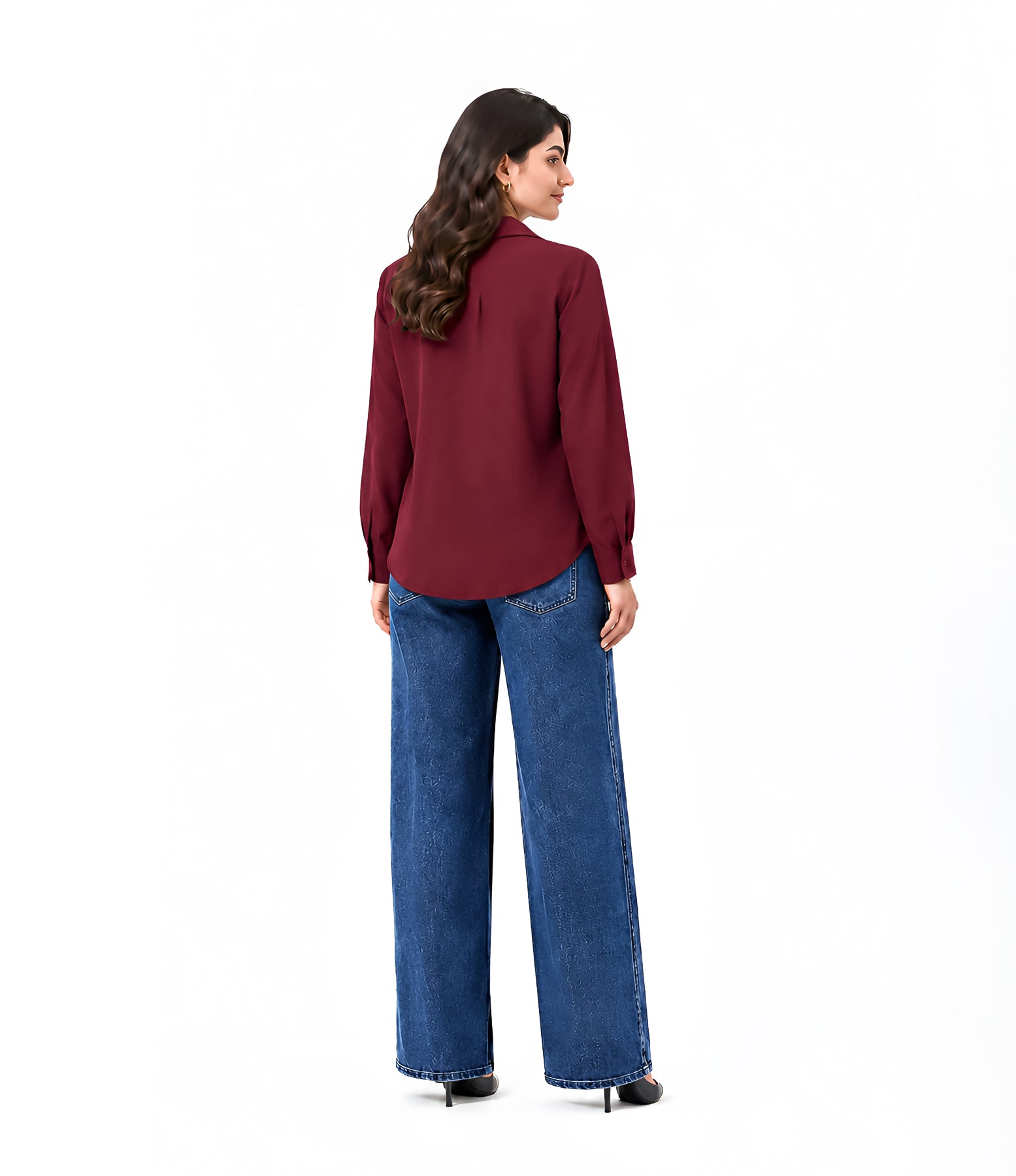Maroon Button Down With Blue Wide Jeans Cordset