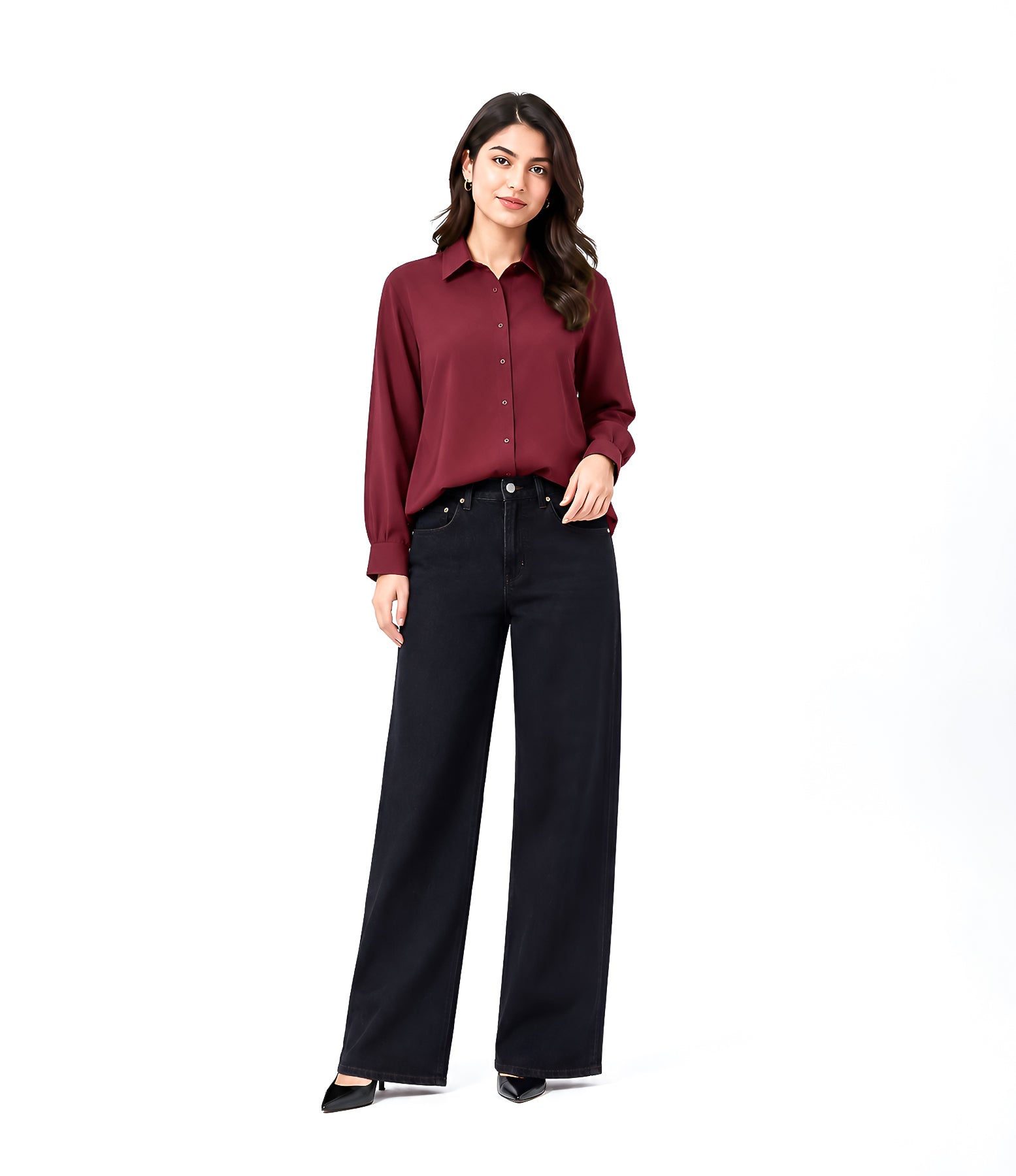 Maroon Button Down With Black Wide Jeans Cordset