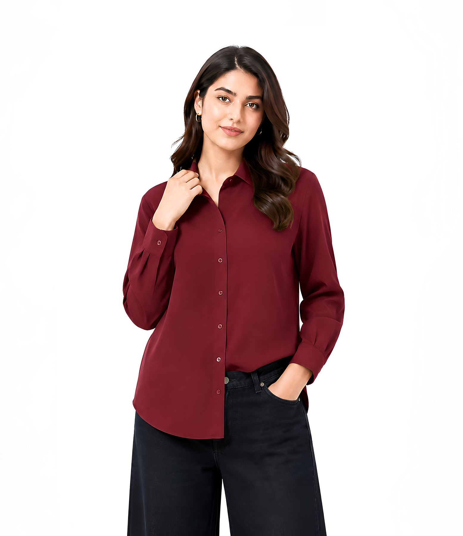Maroon Button Down With Black Wide Jeans Cordset